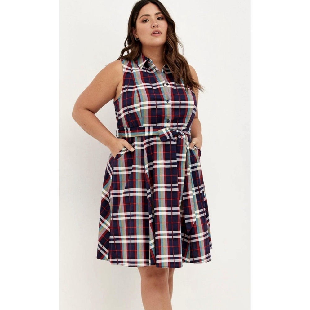 Torrid 2X Plaid Shirt Dress Sleeveless Pocketed Plus Size Missing Belt Tie